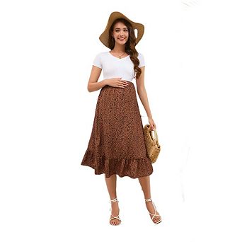 Womens Maternity High Waist Polka Dot Pleated Skirt Ruffle Hem Boho Beach Vacation Outfits