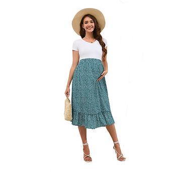Womens Maternity High Waist Polka Dot Pleated Skirt Ruffle Hem Boho Beach Vacation Outfits