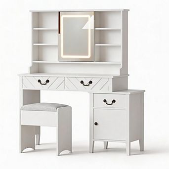 White Vanity with Sliding LED Mirror, Charging, Drawers, Cabinet & Stool