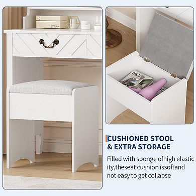 White Vanity with Sliding LED Mirror, Charging, Drawers, Cabinet & Stool