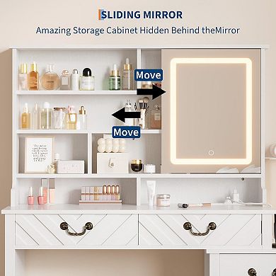 White Vanity with Sliding LED Mirror, Charging, Drawers, Cabinet & Stool