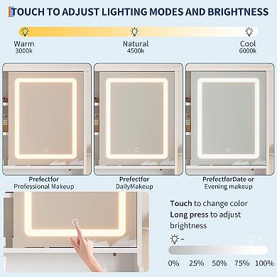 White Vanity with Sliding LED Mirror, Charging, Drawers, Cabinet & Stool