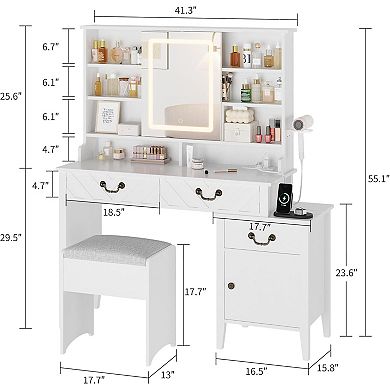 White Vanity with Sliding LED Mirror, Charging, Drawers, Cabinet & Stool