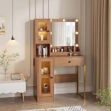 Makeup Vanity Desk with LED Mirror, 3 Color Lighting, Adjustable Brightness, USB Charging,Brown