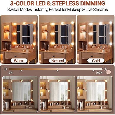 Makeup Vanity Desk with LED Mirror, 3 Color Lighting, Adjustable Brightness, USB Charging,Brown