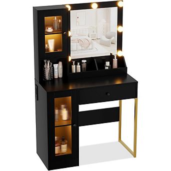 Makeup Vanity Desk with LED Mirror, 3 Color Lighting, Adjustable Brightness, USB Charging,Brown
