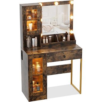 Makeup Vanity Desk with LED Mirror, 3 Color Lighting, Adjustable Brightness, USB Charging,Brown