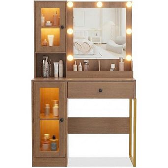 Makeup Vanity Desk with LED Mirror, 3 Color Lighting, Adjustable Brightness, USB Charging,Brown
