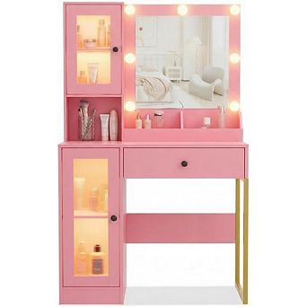 Makeup Vanity Desk with LED Mirror, 3 Color Lighting, Adjustable Brightness, USB Charging,Brown