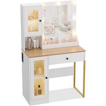 Makeup Vanity Desk with LED Mirror, 3 Color Lighting, Adjustable Brightness, USB Charging,Brown