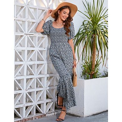 Women's Plus Size Print Jumpsuit with Square Neck Smocked Bust Flowy Wide Leg Pants for Summer