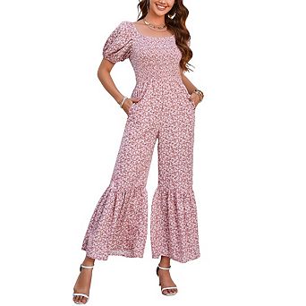 Women's Plus Size Print Jumpsuit with Square Neck Smocked Bust Flowy Wide Leg Pants for Summer