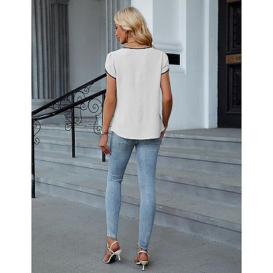Women Color Block V Neck Shirt Short Sleeve Casual Work Top