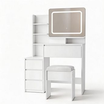Modern LED Dressing Table: 4 Drawers, Outlet, USB, Storage Shelves & Stool, 36"