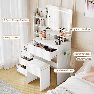 Modern LED Dressing Table: 4 Drawers, Outlet, USB, Storage Shelves & Stool, 36"