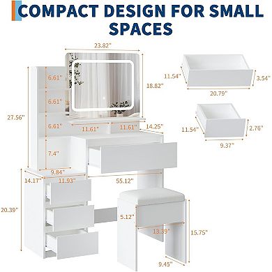 Modern LED Dressing Table: 4 Drawers, Outlet, USB, Storage Shelves & Stool, 36"