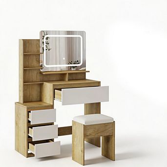 Modern LED Dressing Table: 4 Drawers, Outlet, USB, Storage Shelves & Stool, 36"