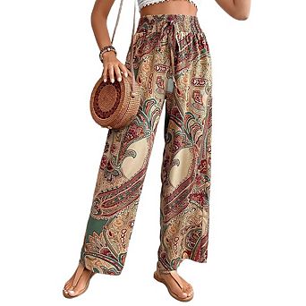 Women's Print Wide Leg Pants with Pockets High Waist Adjustable Knot Casual Business Work Trousers