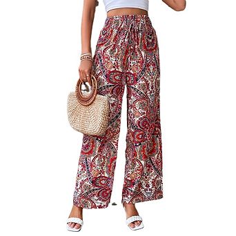 Women's Print Wide Leg Pants with Pockets High Waist Adjustable Knot Casual Business Work Trousers