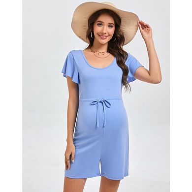 Maternity Romper with Square Neck and Ruffled Sleeve Drawstring Waist Comfortable for Summer