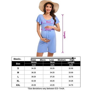 Maternity Romper with Square Neck and Ruffled Sleeve Drawstring Waist Comfortable for Summer