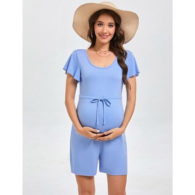 Maternity Romper with Square Neck and Ruffled Sleeve Drawstring Waist Comfortable for Summer