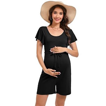 Maternity Romper with Square Neck and Ruffled Sleeve Drawstring Waist Comfortable for Summer