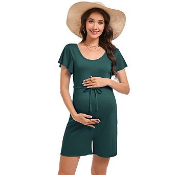 Maternity Romper with Square Neck and Ruffled Sleeve Drawstring Waist Comfortable for Summer