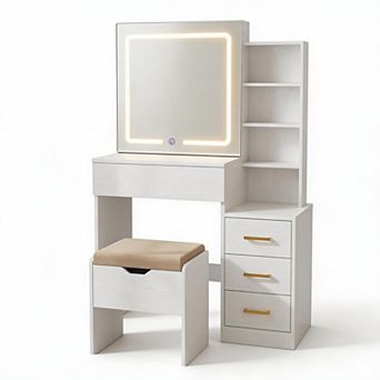 LED Vanity Desk with Sliding Mirror, 3 Color Modes, 4 Drawers, Charging Station & Chair