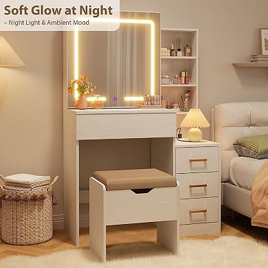 LED Vanity Desk with Sliding Mirror, 3 Color Modes, 4 Drawers, Charging Station & Chair