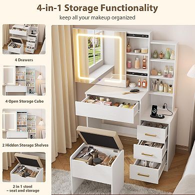 LED Vanity Desk with Sliding Mirror, 3 Color Modes, 4 Drawers, Charging Station & Chair