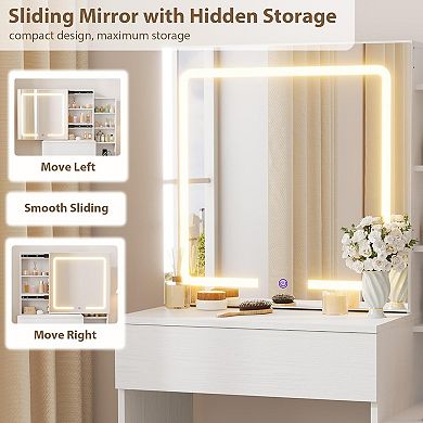 LED Vanity Desk with Sliding Mirror, 3 Color Modes, 4 Drawers, Charging Station & Chair