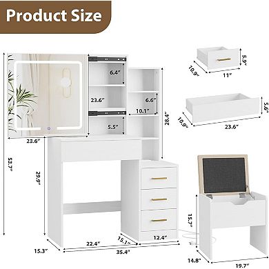 LED Vanity Desk with Sliding Mirror, 3 Color Modes, 4 Drawers, Charging Station & Chair