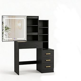 LED Vanity Desk with Sliding Mirror, 3 Color Modes, 4 Drawers, Charging Station & Chair