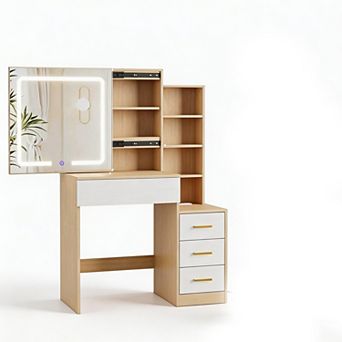 LED Vanity Desk with Sliding Mirror, 3 Color Modes, 4 Drawers, Charging Station & Chair