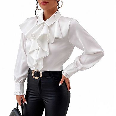Women's Tiered Ruffle Long Sleeve Blouse, Collared Satin Casual Top