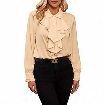 Women's Tiered Ruffle Long Sleeve Blouse, Collared Satin Casual Top