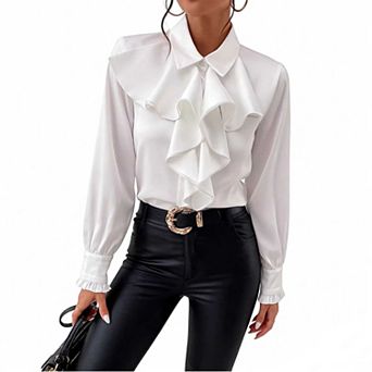 Women's Tiered Ruffle Long Sleeve Blouse, Collared Satin Casual Top