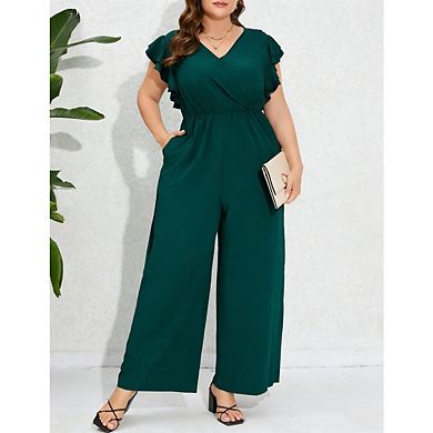 Plus Size Jumpsuits for Women V Neck Layered Ruffle Sleeves Wide Leg Pants With Pockets