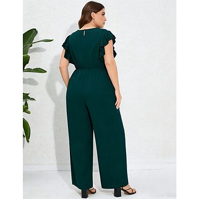 Plus Size Jumpsuits for Women V Neck Layered Ruffle Sleeves Wide Leg Pants With Pockets