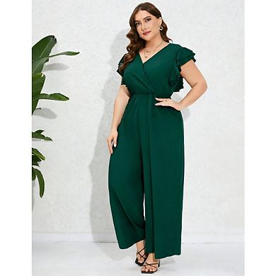 Plus Size Jumpsuits for Women V Neck Layered Ruffle Sleeves Wide Leg Pants With Pockets