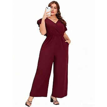 Plus Size Jumpsuits for Women V Neck Layered Ruffle Sleeves Wide Leg Pants With Pockets
