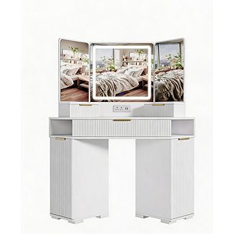 48" Corner Vanity with Fluted Design, LED Mirror, Charging, Drawers & Cabinets