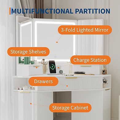 48" Corner Vanity with Fluted Design, LED Mirror, Charging, Drawers & Cabinets