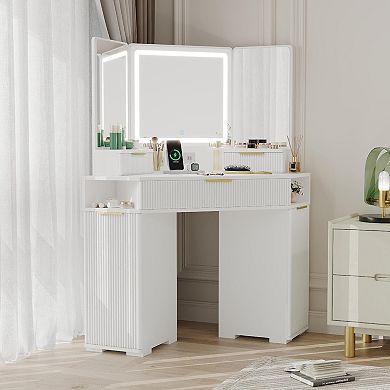 48" Corner Vanity with Fluted Design, LED Mirror, Charging, Drawers & Cabinets