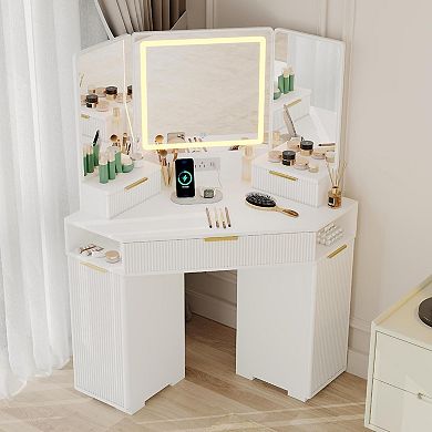48" Corner Vanity with Fluted Design, LED Mirror, Charging, Drawers & Cabinets
