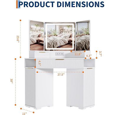 48" Corner Vanity with Fluted Design, LED Mirror, Charging, Drawers & Cabinets