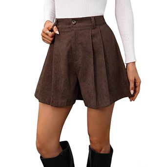 Women's Summer High Waisted Casual Shorts A Line Pleated Detail Corduroy Tailored Shorts