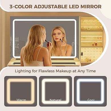 48" Fluted Vanity Desk with Lighted Mirror, Charging & Stool, Natural Wood