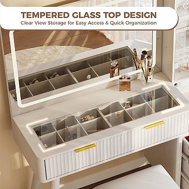 48" Fluted Vanity Desk with Lighted Mirror, Charging & Stool, Natural Wood